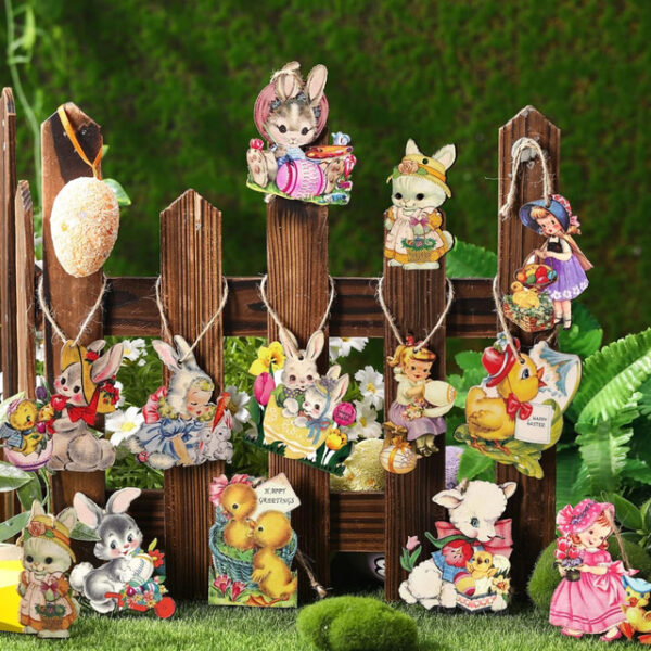 24 Pcs Easter Hanging Ornaments for Tree Vintage Easter Wooden Ornament Retro Spring Wooden Slices Ornaments Elf Wooden Decorations with Rope for East