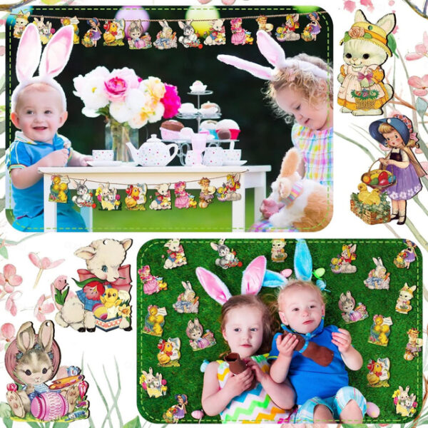 24 Pcs Easter Hanging Ornaments for Tree Vintage Easter Wooden Ornament Retro Spring Wooden Slices Ornaments Elf Wooden Decorations with Rope for East