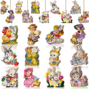 24 Pcs Easter Hanging Ornaments for Tree Vintage Easter Wooden Ornament Retro Spring Wooden Slices Ornaments Elf Wooden Decorations with Rope for East