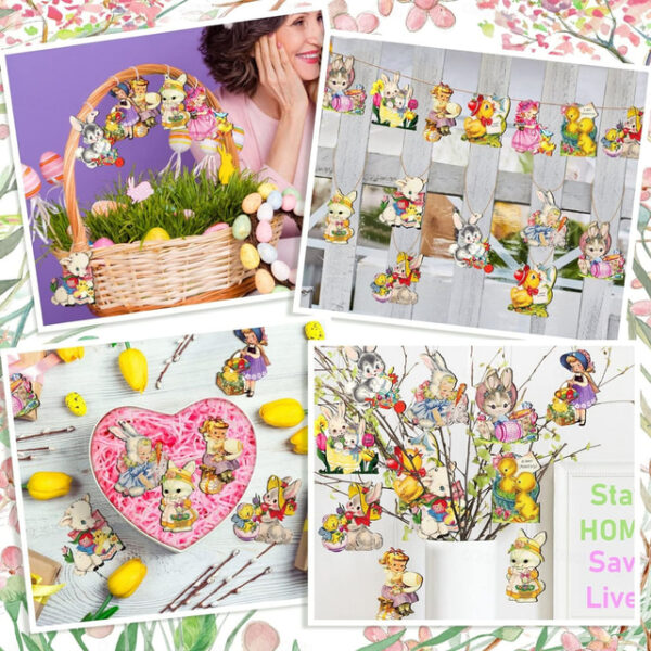 24 Pcs Easter Hanging Ornaments for Tree Vintage Easter Wooden Ornament Retro Spring Wooden Slices Ornaments Elf Wooden Decorations with Rope for East