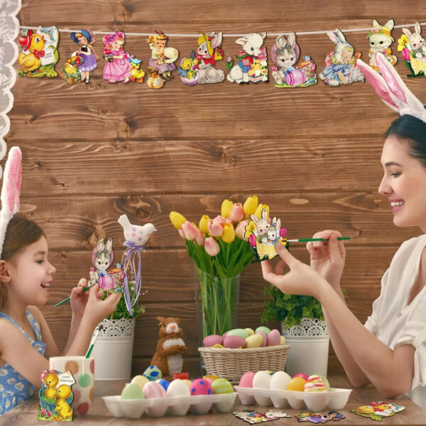 24 Pcs Easter Hanging Ornaments for Tree Vintage Easter Wooden Ornament Retro Spring Wooden Slices Ornaments Elf Wooden Decorations with Rope for East