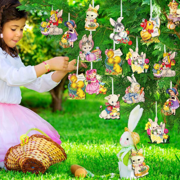 24 Pcs Easter Hanging Ornaments for Tree Vintage Easter Wooden Ornament Retro Spring Wooden Slices Ornaments Elf Wooden Decorations with Rope for East
