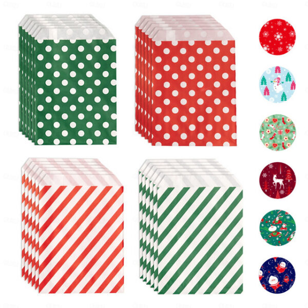 24pcs, Christmas Candy Bags, Red And Green Wavy Twill Kraft Paper Bags, Christmas Party Gift Bags, Including Sticker Sets, Navidad, Christmas Decorati