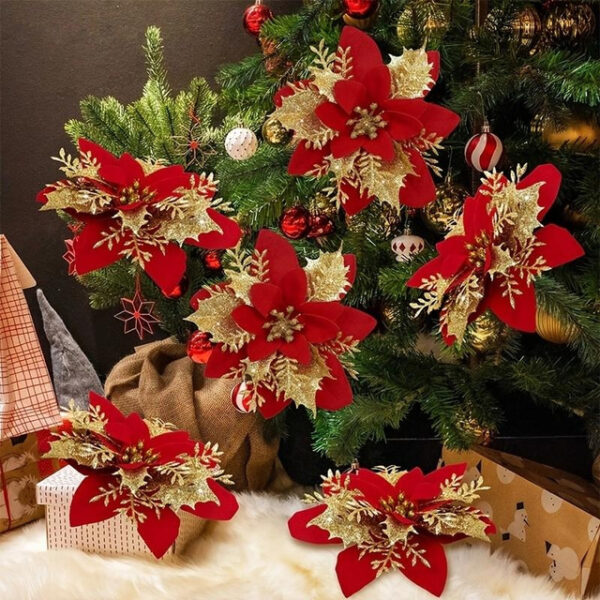 50pcs Red Poinsettia Flower Artificial Christmas Decor, Glitter Poinsettia Christmas Tree Flower Decoration, DIY Xmas Wreath Decor 2024 - US $22.99