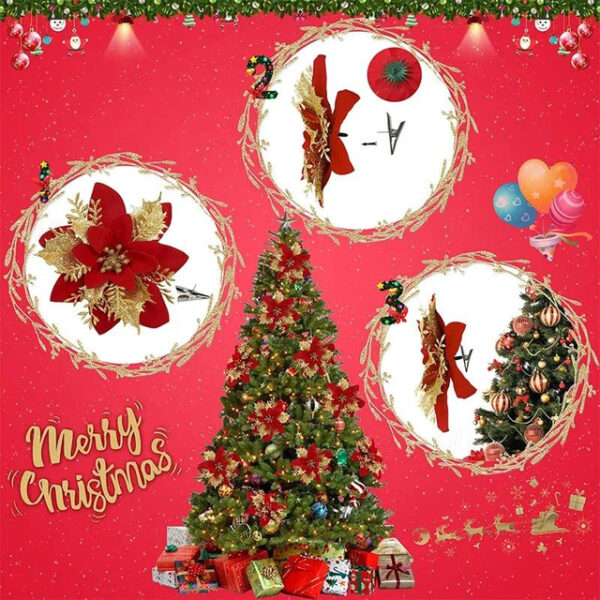 50pcs Red Poinsettia Flower Artificial Christmas Decor, Glitter Poinsettia Christmas Tree Flower Decoration, DIY Xmas Wreath Decor 2025 - US $22.99