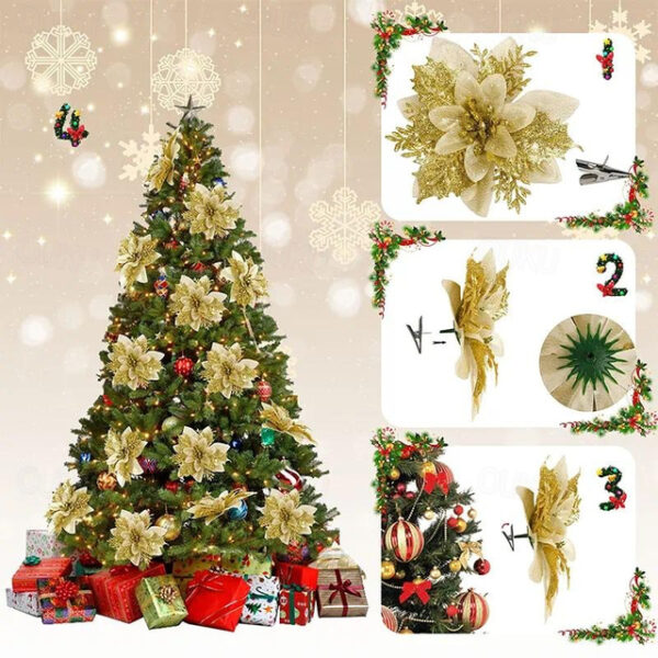 50pcs Red Poinsettia Flower Artificial Christmas Decor, Glitter Poinsettia Christmas Tree Flower Decoration, DIY Xmas Wreath Decor 2024 - US $22.99