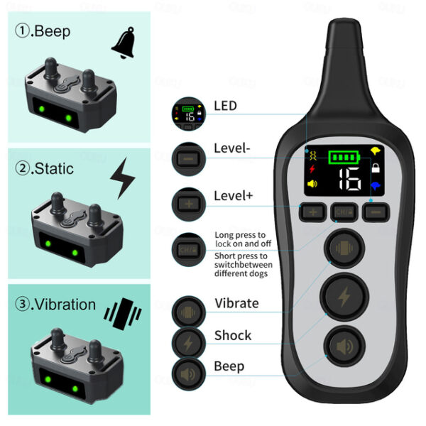 600M Electric Pet Dog Training Collar IPX7 Waterproof Rechargeable Collar Pet Anti Bark Remote Control Collar Pet Trainer Vibration Shock 16 Level Adj