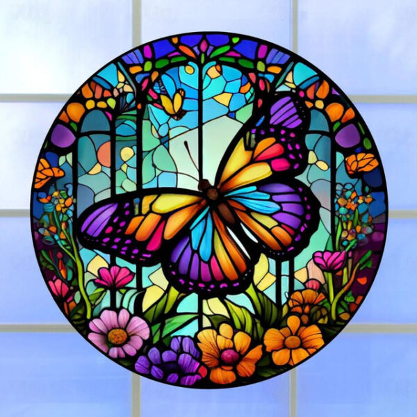 Butterfly Faux Stained Glass Window Cling Suncatcher, Round Dragonfly Wreath Glass, Butterfly Wreath Acrylic Plate Decoration 2025 - US $9.49