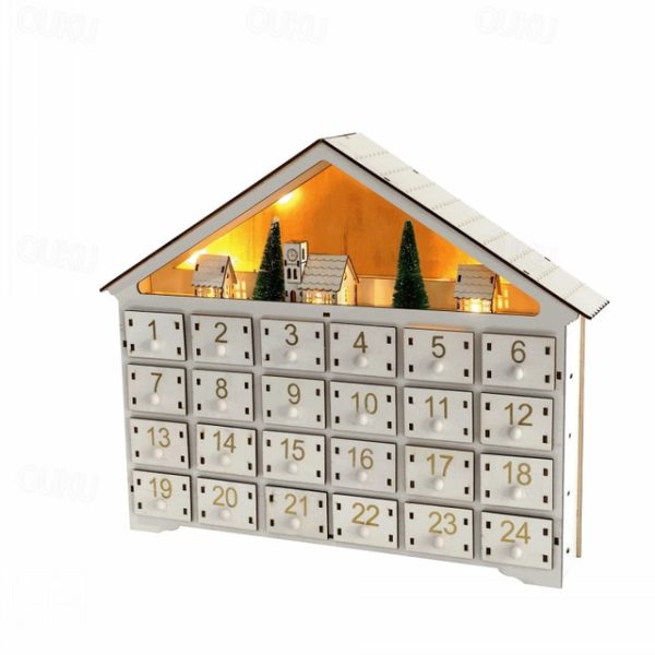 Christmas Advent Calendars Wood House LED Lights 24 Days Countdown Storage Organization Figurines Room Home Decor 2024 News 2024 - US $27.99