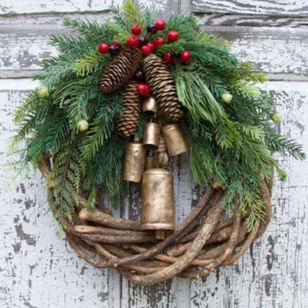 Christmas Wreath Boho Wreath, 17.7'' Artificial Golden Bell Wreath, Xmas Tree Front Door Hanging Garland, Handmade Pine Ring Grapevine Wreath, Celebra