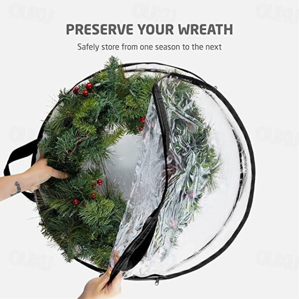 Christmas Wreath Storage Bag 24 Inch - Clear PVC Plastic for All View Durable Plastic Fabric Dual Zippered Bag for Holiday Artificial Christmas Wreath