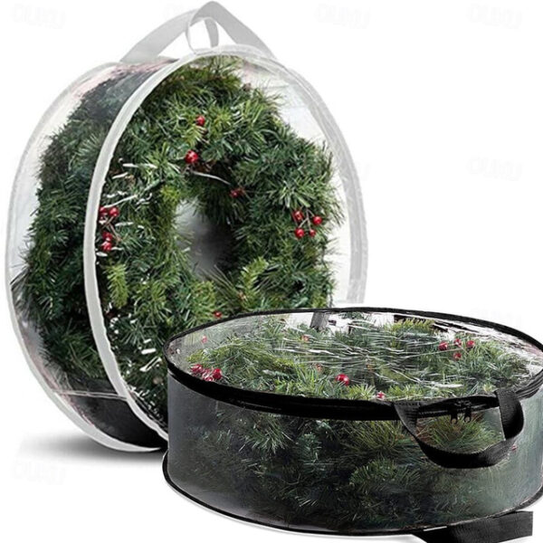 Christmas Wreath Storage Bag 24 Inch - Clear PVC Plastic for All View Durable Plastic Fabric Dual Zippered Bag for Holiday Artificial Christmas Wreath