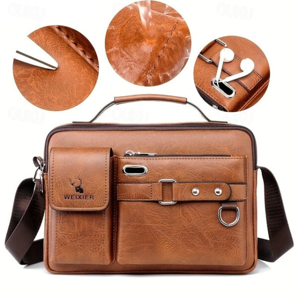 Men's Brown Faux Leather Messenger Bag with Multiple Pockets and Adjustable Strap - Stylish and Functional Crossbody Bag for Travel and Daily Use 2025