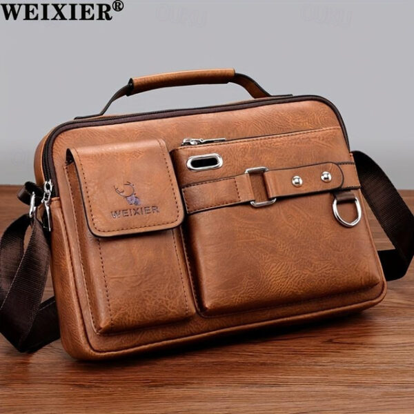 Men's Brown Faux Leather Messenger Bag with Multiple Pockets and Adjustable Strap - Stylish and Functional Crossbody Bag for Travel and Daily Use 2025