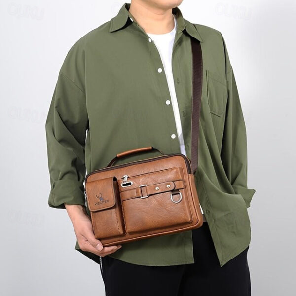 Men's Brown Faux Leather Messenger Bag with Multiple Pockets and Adjustable Strap - Stylish and Functional Crossbody Bag for Travel and Daily Use 2025