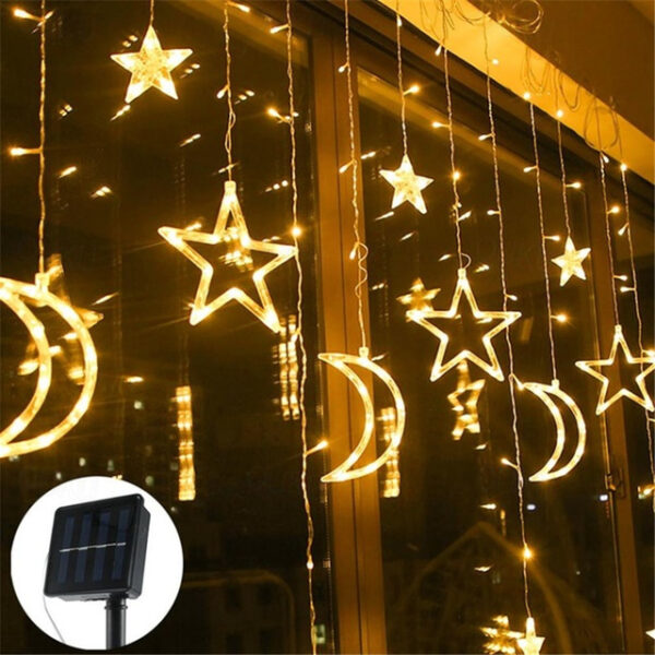Ramadan Eid Lights Outdoor Solar LED String Light with Remote Controller Moon Star Shape Waterproof Décor Lighting for Patio Garland Lawn Yard Colorfu