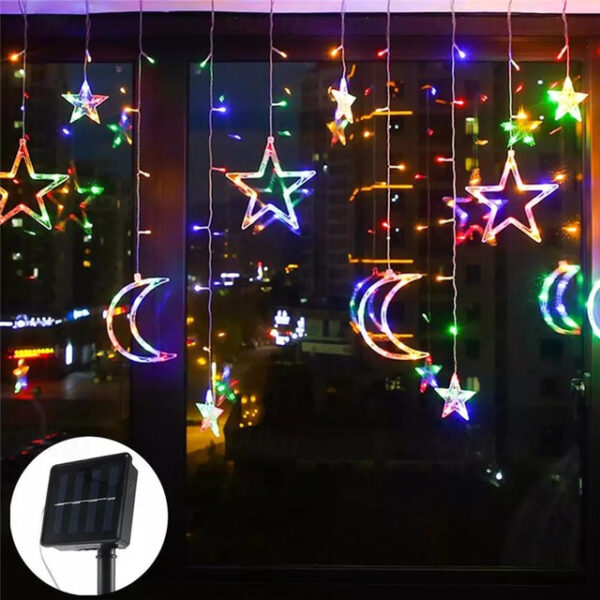 Ramadan Eid Lights Outdoor Solar LED String Light with Remote Controller Moon Star Shape Waterproof Décor Lighting for Patio Garland Lawn Yard Colorfu