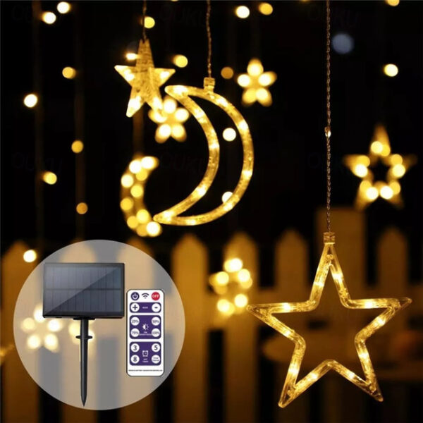 Ramadan Eid Lights Outdoor Solar LED String Light with Remote Controller Moon Star Shape Waterproof Décor Lighting for Patio Garland Lawn Yard Colorfu