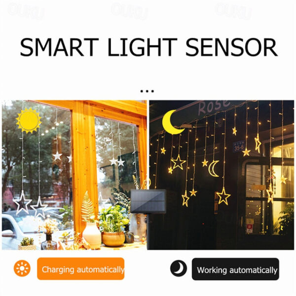 Ramadan Eid Lights Outdoor Solar LED String Light with Remote Controller Moon Star Shape Waterproof Décor Lighting for Patio Garland Lawn Yard Colorfu