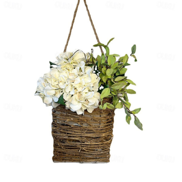 Spring Wreath Floral Artificial Hydrangea and Vine Basket Door Hanging Decoration with Rustic Twigs for Front Door, Porch, Living Room, Cafe, and Wedd