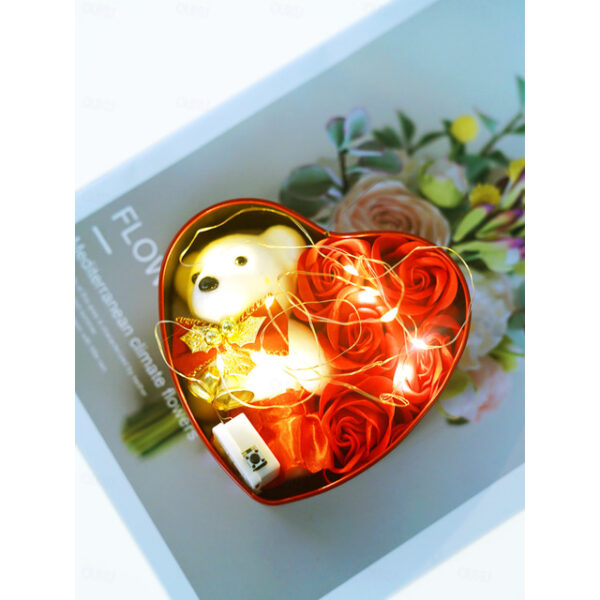 Valentine's Day Gift Set - Heart-shaped Tin Box with 5 Soap Flowers, Teddy Bear, Christmas Bow & Bells - Romantic Present for Girlfriend, Holiday Part