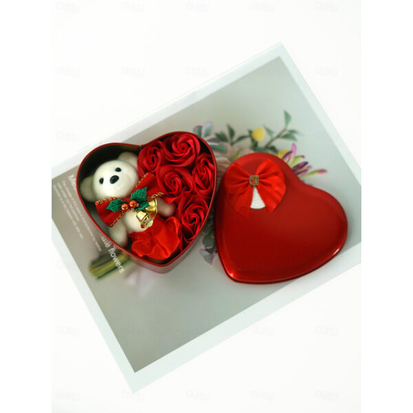 Valentine's Day Gift Set - Heart-shaped Tin Box with 5 Soap Flowers, Teddy Bear, Christmas Bow & Bells - Romantic Present for Girlfriend, Holiday Part