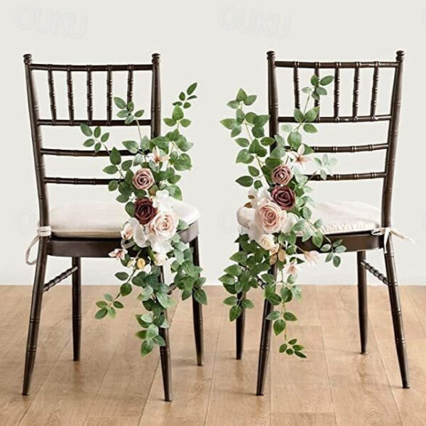 Wedding Aisle Decorations for Ceremony, Church Chair Flowers with Artificial Roses, Eucalyptus, and Ribbons, Party Decor for Outdoor Wedding and Event