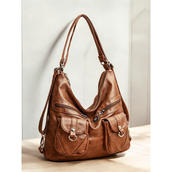 Women's Brown Faux Leather Hobo Bag with Multiple Pockets in Casual Boho Style for Everyday Use 2025 - US $33.99