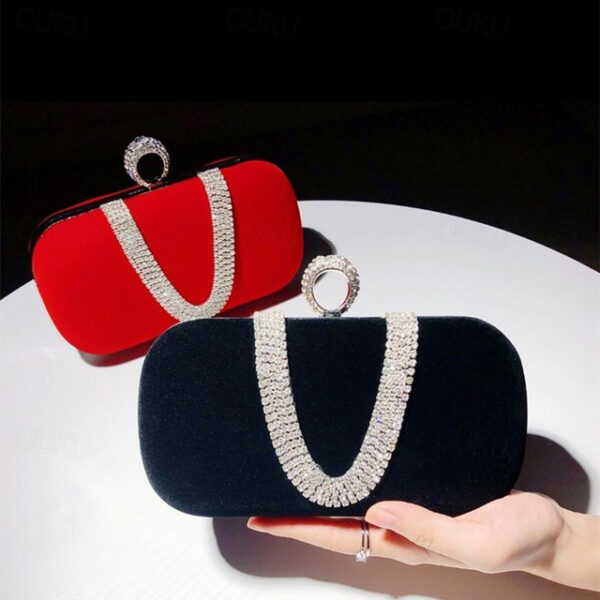 Women's Clutch Evening Bag Wristlet Clutch Bags Velvet Party Valentine's Day Bridal Shower Rhinestone Crystals Chain Large Capacity Lightweight Durabl