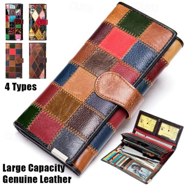 Women's Genuine Leather Patchwork Wallet, Large Capacity Multi-Card Holder, Vintage Long Clutch Purse with Zipper Pocket, Available in 4 Unique Styles