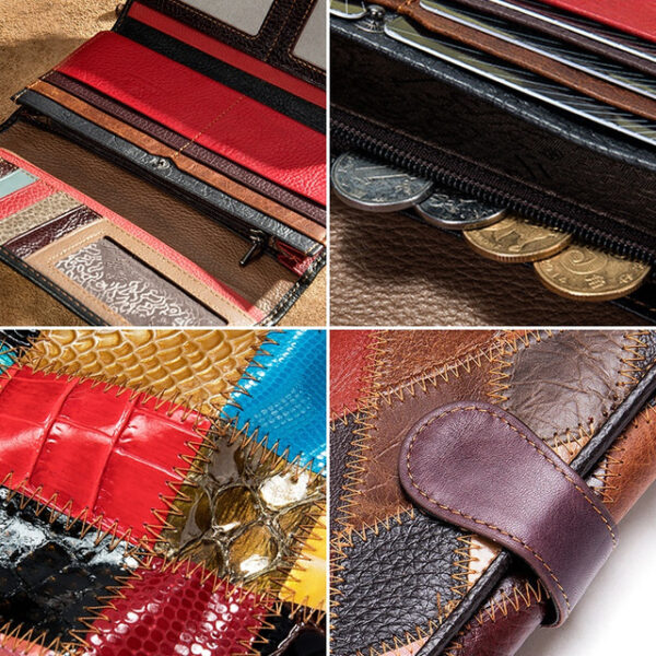 Women's Genuine Leather Patchwork Wallet, Large Capacity Multi-Card Holder, Vintage Long Clutch Purse with Zipper Pocket, Available in 4 Unique Styles