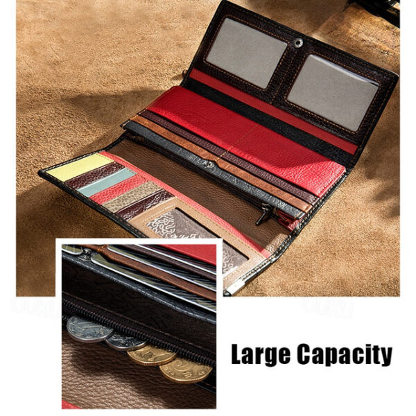 Women's Genuine Leather Patchwork Wallet, Large Capacity Multi-Card Holder, Vintage Long Clutch Purse with Zipper Pocket, Available in 4 Unique Styles