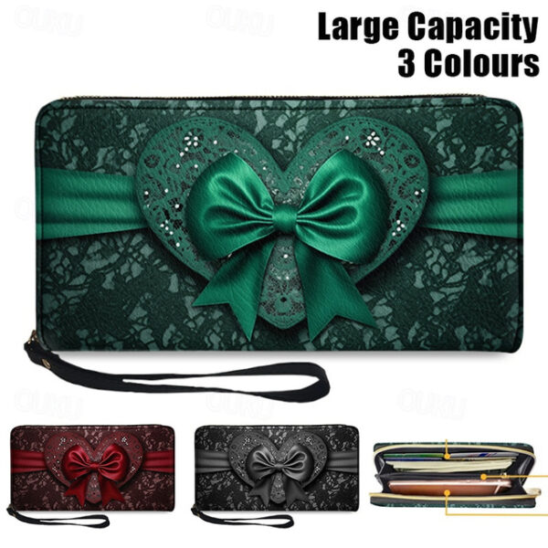 Women's Green Printed Bow Lace Design Zipper Wallet with Wrist Strap – Stylish Clutch for Evening, Party, and Formal Events 2025 - US $19.49