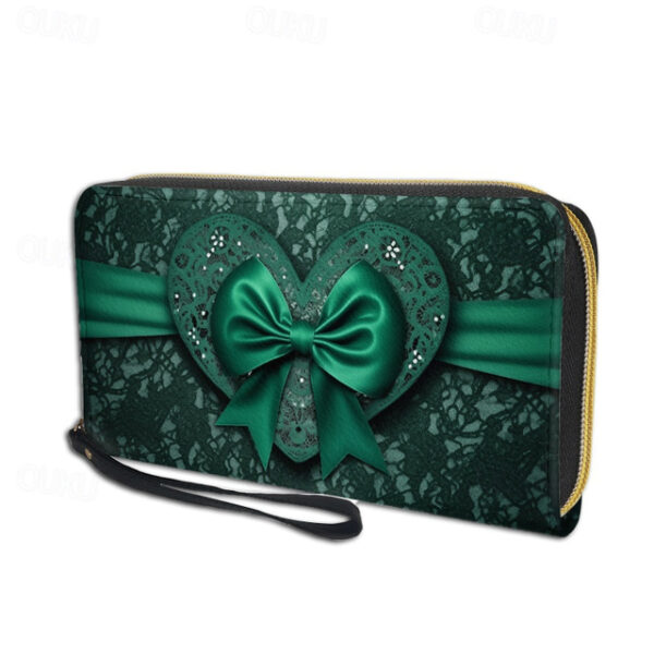 Women's Green Printed Bow Lace Design Zipper Wallet with Wrist Strap – Stylish Clutch for Evening, Party, and Formal Events 2025 - US $19.49