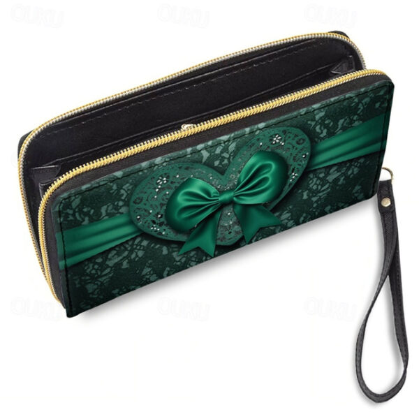 Women's Green Printed Bow Lace Design Zipper Wallet with Wrist Strap – Stylish Clutch for Evening, Party, and Formal Events 2025 - US $19.49