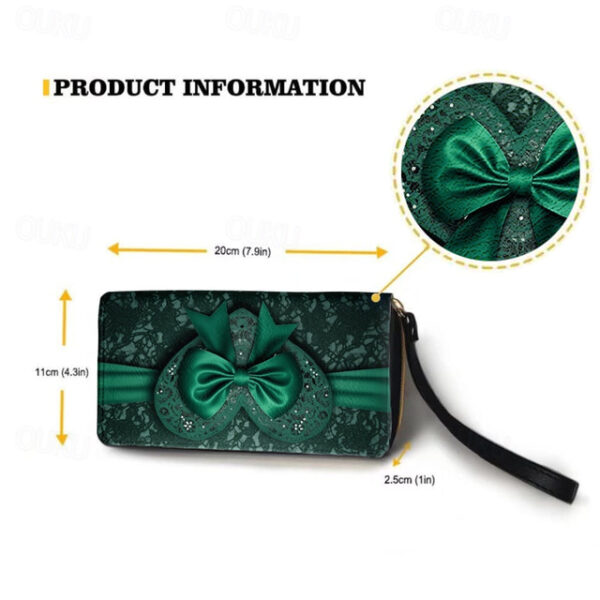 Women's Green Printed Bow Lace Design Zipper Wallet with Wrist Strap – Stylish Clutch for Evening, Party, and Formal Events 2025 - US $19.49