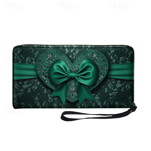 Women's Green Printed Bow Lace Design Zipper Wallet with Wrist Strap – Stylish Clutch for Evening, Party, and Formal Events 2025 - US $19.49