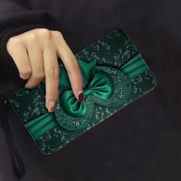 Women's Green Printed Bow Lace Design Zipper Wallet with Wrist Strap – Stylish Clutch for Evening, Party, and Formal Events 2025 - US $19.49