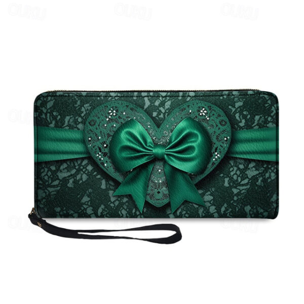 Women's Green Printed Bow Lace Design Zipper Wallet with Wrist Strap – Stylish Clutch for Evening, Party, and Formal Events 2025 - US $19.49