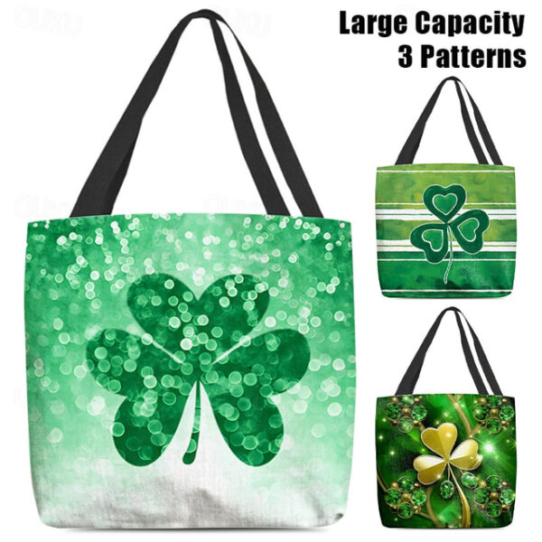 Women's Large Capacity Shamrock Tote Bag with St. Patrick's Day Clover Print – Lightweight and Reusable for Shopping, Daily Use, and Festive Occasions