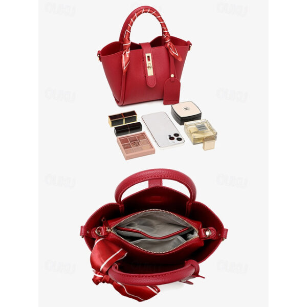 Women's Red Faux Leather Handbag with Matching Pouch, Scarf Handle, and Gold-Tone Lock - Versatile Top-Handle Satchel for Daily Use 2025 - US $33.99