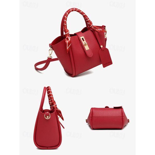 Women's Red Faux Leather Handbag with Matching Pouch, Scarf Handle, and Gold-Tone Lock - Versatile Top-Handle Satchel for Daily Use 2025 - US $33.99