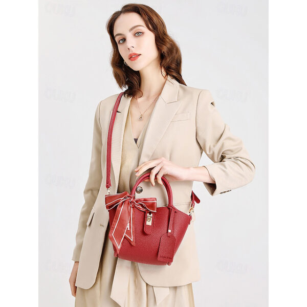 Women's Red Faux Leather Handbag with Matching Pouch, Scarf Handle, and Gold-Tone Lock - Versatile Top-Handle Satchel for Daily Use 2025 - US $33.99