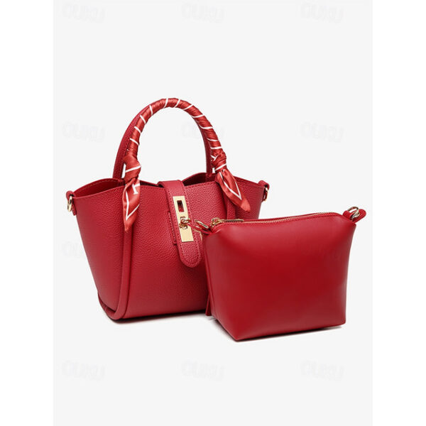 Women's Red Faux Leather Handbag with Matching Pouch, Scarf Handle, and Gold-Tone Lock - Versatile Top-Handle Satchel for Daily Use 2025 - US $33.99