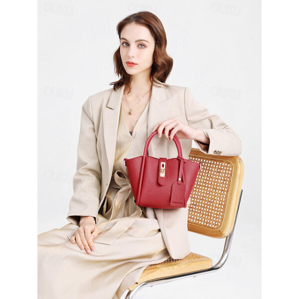 Women's Red Faux Leather Handbag with Matching Pouch, Scarf Handle, and Gold-Tone Lock - Versatile Top-Handle Satchel for Daily Use 2025 - US $33.99